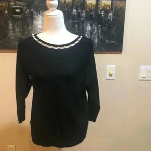 Cable & Gauge Small Black Smooth Knit Faux Pearl Boat Neck Sweater